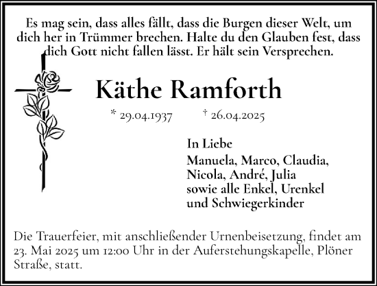 Traueranzeige von Käthe Ramforth von Holsteinischer Courier