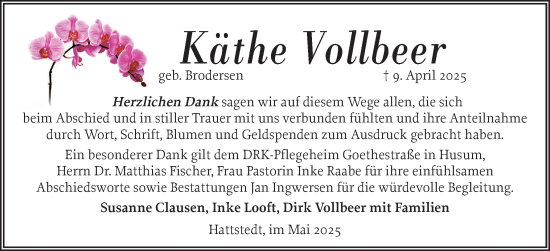 Traueranzeige von Käthe Vollbeer von Husumer Nachrichten, Nordfriesland Tageblatt