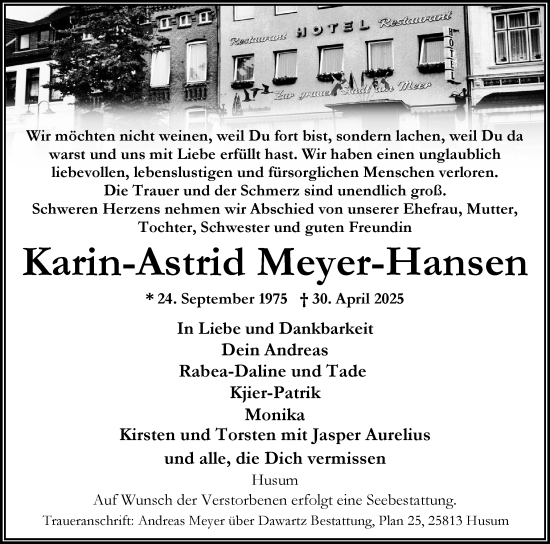 Traueranzeige von Karin-Astrid Meyer-Hansen von Husumer Nachrichten, Nordfriesland Tageblatt