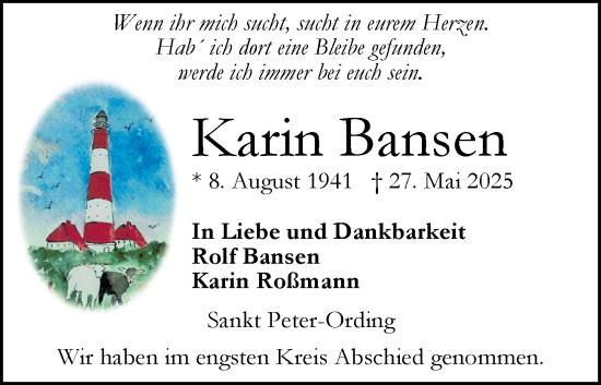 Traueranzeige von Karin Bansen von Husumer Nachrichten, Nordfriesland Tageblatt