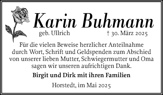 Traueranzeige von Karin Buhmann von Husumer Nachrichten, Nordfriesland Tageblatt