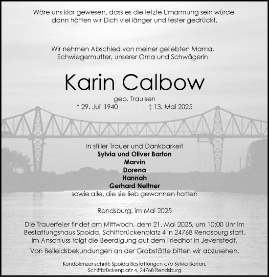 Traueranzeige von Karin Calbow von Schleswig-Holsteinische Landeszeitung