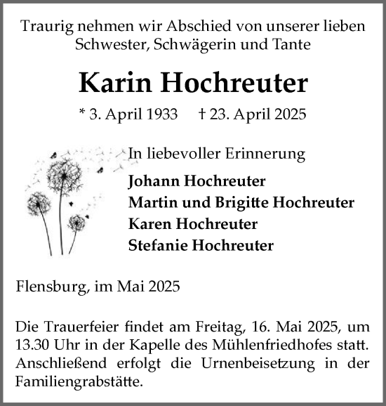 Traueranzeige von Karin Hochreuter von Flensburger Tageblatt