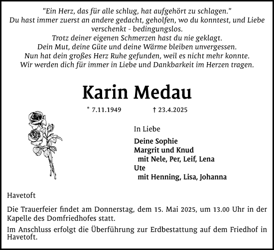 Traueranzeige von Karin Medau von Schleswiger Nachrichten, Schlei-Bote