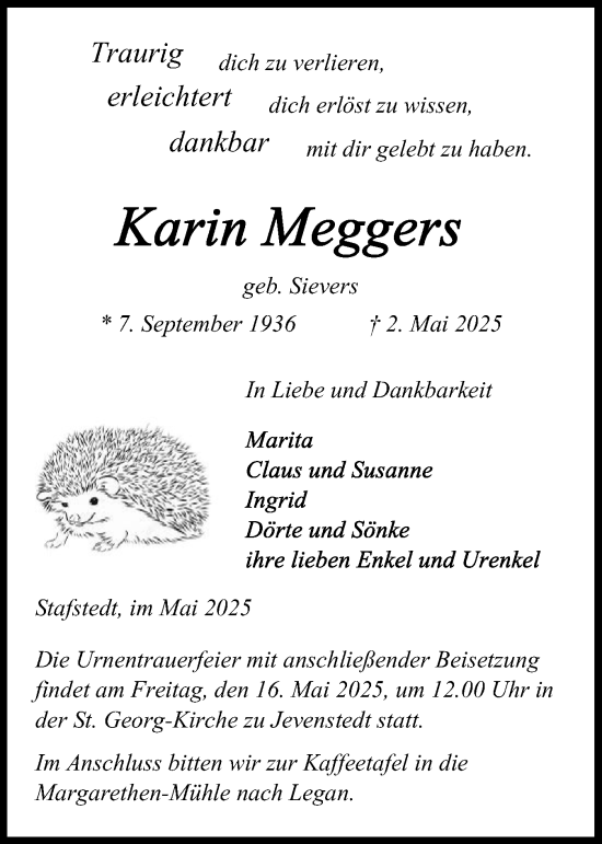 Traueranzeige von Karin Meggers von Schleswig-Holsteinische Landeszeitung