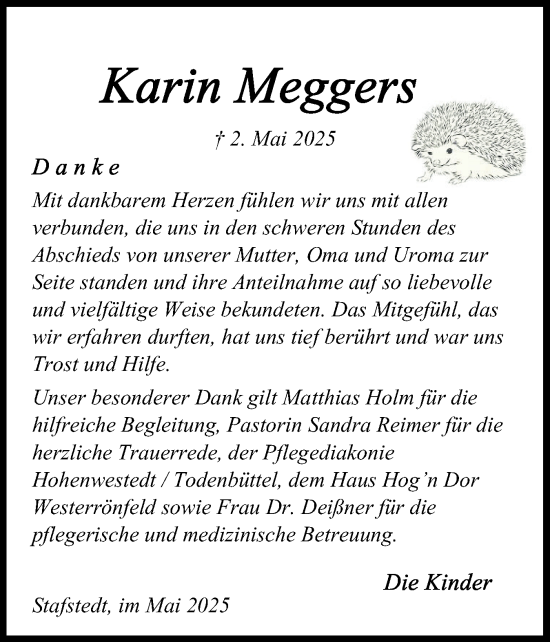 Traueranzeige von Karin Meggers von Schleswig-Holsteinische Landeszeitung