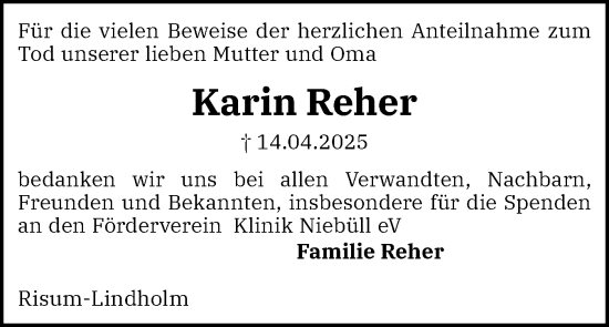 Traueranzeige von Karin Reher von Husumer Nachrichten, Nordfriesland Tageblatt