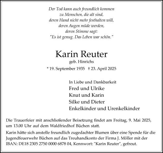 Traueranzeige von Karin Reuter von Wochenend Anzeiger
