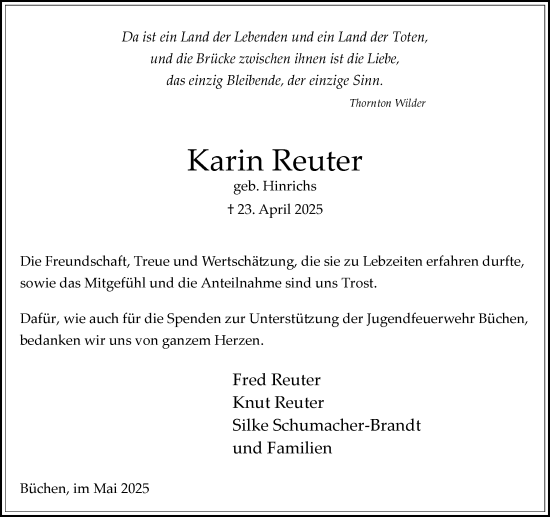Traueranzeige von Karin Reuter von Wochenend Anzeiger