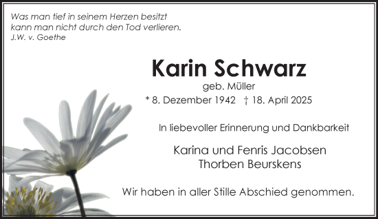 Traueranzeige von Karin Schwarz von MARKT Bad Oldesloe/Reinfeld und Stormarner Tageblatt