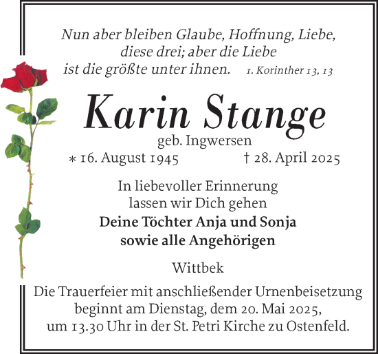 Traueranzeige von Karin Stange von Husumer Nachrichten, Nordfriesland Tageblatt