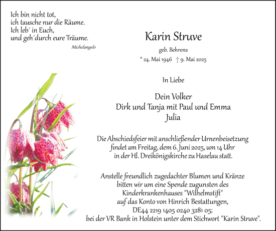 Traueranzeige von Karin Struve von Uetersener Nachrichten, Der tip am Wochenende