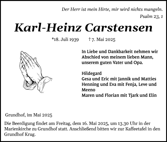 Traueranzeige von Karl-Heinz Carstensen von Husumer Nachrichten, Nordfriesland Tageblatt