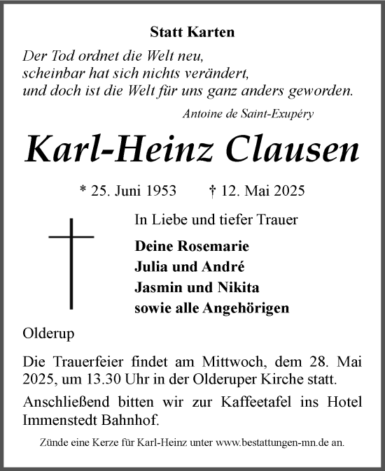 Traueranzeige von Karl-Heinz Clausen von Husumer Nachrichten, Nordfriesland Tageblatt