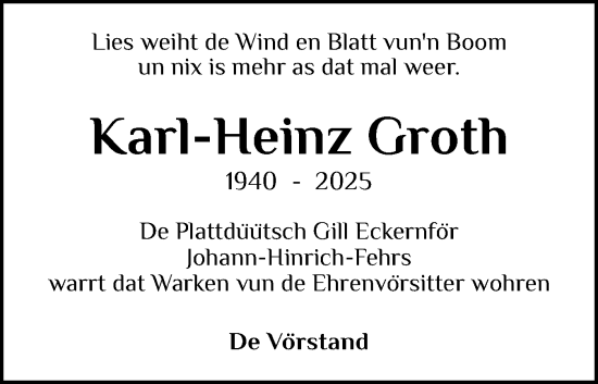 Traueranzeige von Karl-Heinz Groth von Eckernförder Zeitung, Hallo Eckernförde