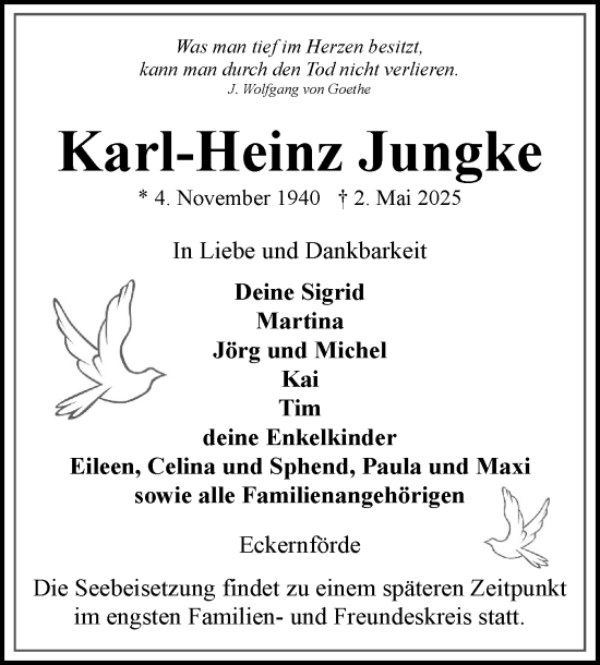 Traueranzeige von Karl-Heinz Jungke von Eckernförder Zeitung, Hallo Eckernförde