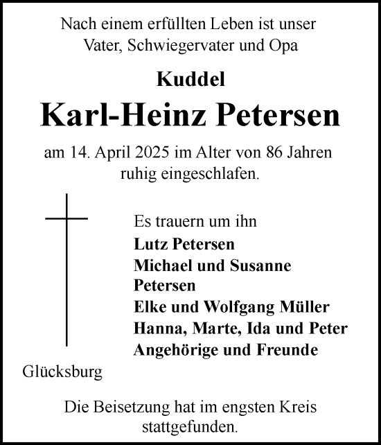 Traueranzeige von Karl-Heinz Petersen von Flensburger Tageblatt