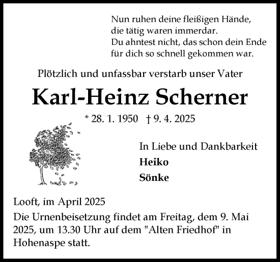 Traueranzeige von Karl-Heinz Scherner von Norddeutsche Rundschau, Wilstersche Zeitung, Glückstädter Fortuna