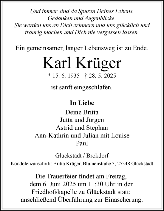 Traueranzeige von Karl Krüger von Norddeutsche Rundschau, Wilstersche Zeitung, Glückstädter Fortuna