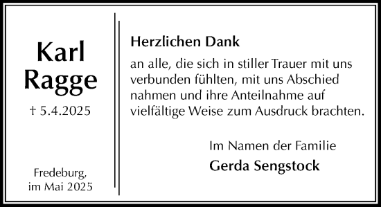 Traueranzeige von Karl Ragge von MARKT Ratzeburg/Mölln