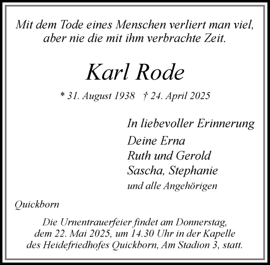Traueranzeige von Karl Rode von Umschau
