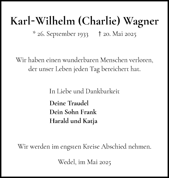 Traueranzeige von Karl-Wilhelm Wagner von Wedel-Schulauer Tageblatt, tip Wedel-Schulauer Tageblatt, tip Rissener Rundschau