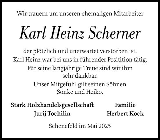 Traueranzeige von Karl Heinz Scherner von Norddeutsche Rundschau, Wilstersche Zeitung, Glückstädter Fortuna