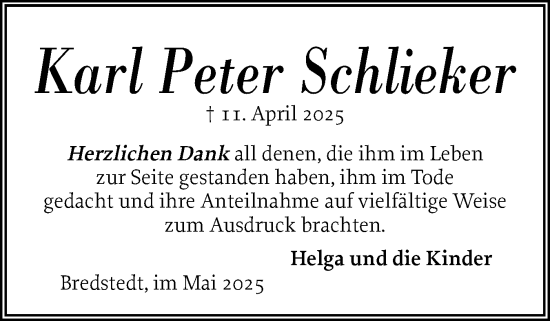 Traueranzeige von Karl Peter Schlieker von Husumer Nachrichten, Nordfriesland Tageblatt