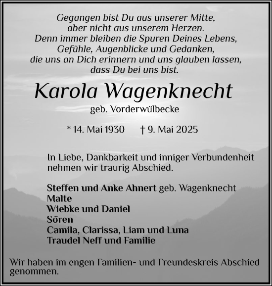 Traueranzeige von Karola Wagenknecht von Husumer Nachrichten, Nordfriesland Tageblatt