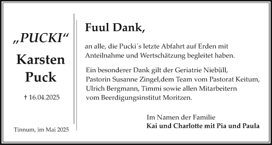 Traueranzeige von Karsten Puck von Sylter Rundschau