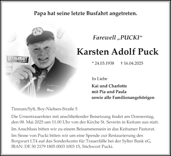 Traueranzeige von Karsten Adolf Puck von Sylter Rundschau
