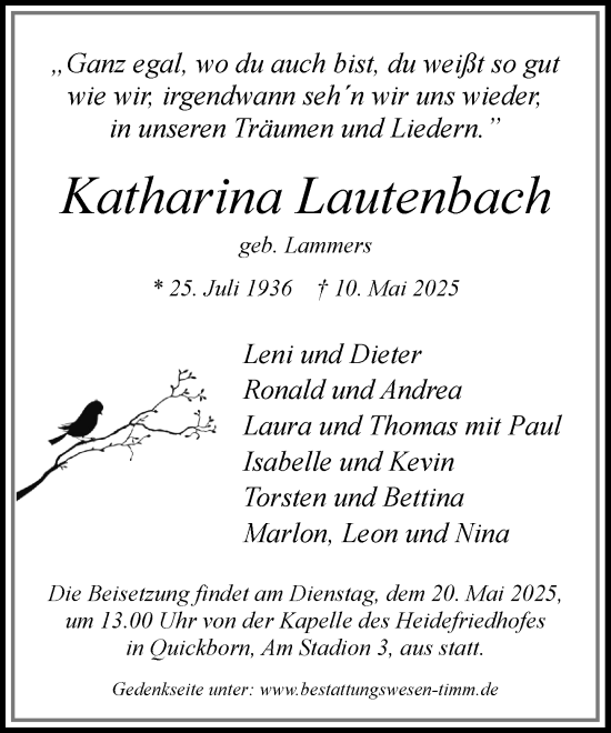 Traueranzeige von Katharina Lautenbach von Umschau