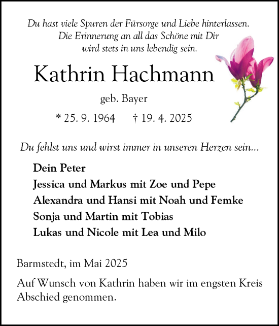 Traueranzeige von Kathrin Hachmann von Elmshorner Nachrichten, Barmstedter Zeitung