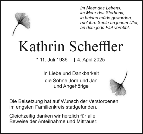 Traueranzeige von Kathrin Scheffler von Holsteinischer Courier