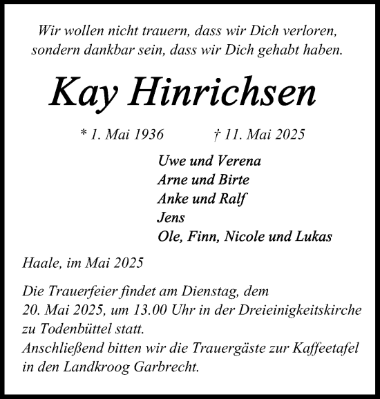 Traueranzeige von Kay Hinrichsen von Schleswig-Holsteinische Landeszeitung