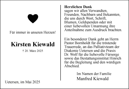 Traueranzeige von Kirsten Kiewald von Uetersener Nachrichten, Der tip am Wochenende