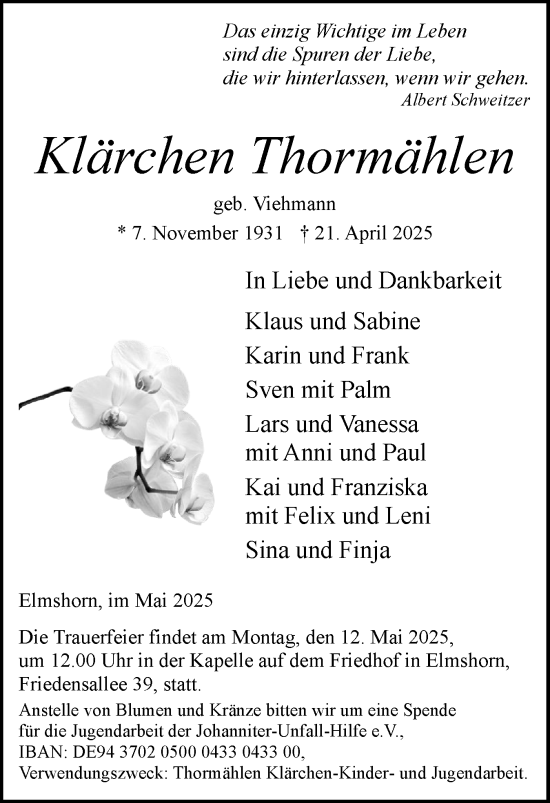 Traueranzeige von Klärchen Thormählen von Elmshorner Nachrichten, Barmstedter Zeitung