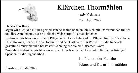 Traueranzeige von Klärchen Thormählen von Elmshorner Nachrichten, Barmstedter Zeitung
