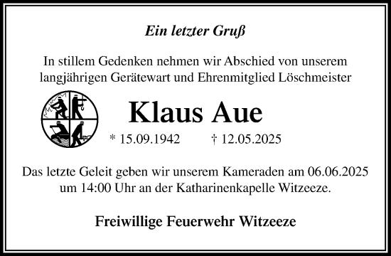 Traueranzeige von Klaus Aue von Wochenend Anzeiger