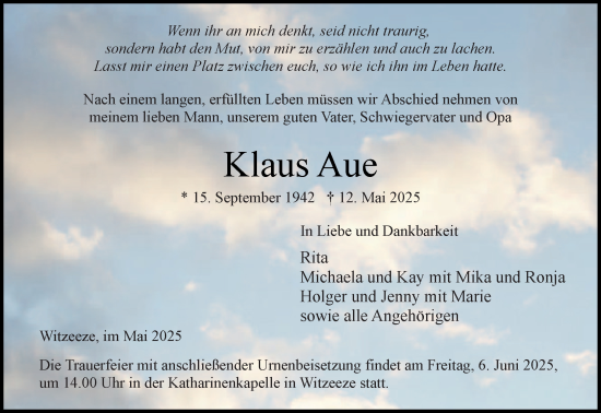 Traueranzeige von Klaus Aue von Wochenend Anzeiger