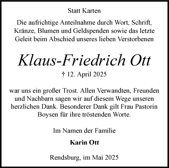 Traueranzeige von Klaus-Friedrich Ott von Schleswig-Holsteinische Landeszeitung