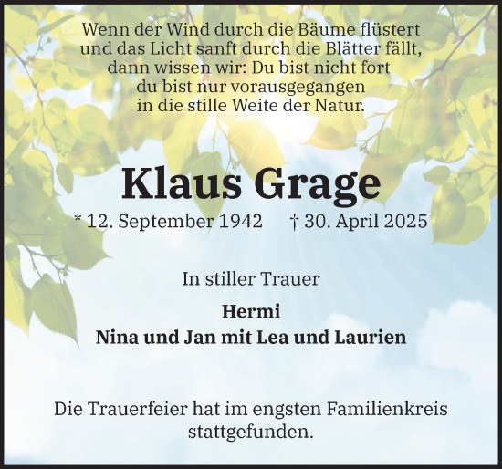 Traueranzeige von Klaus Grage von Wedel-Schulauer Tageblatt, tip Wedel-Schulauer Tageblatt, tip Rissener Rundschau