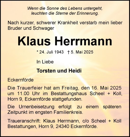 Traueranzeige von Klaus Herrmann von Hallo Eckernförde