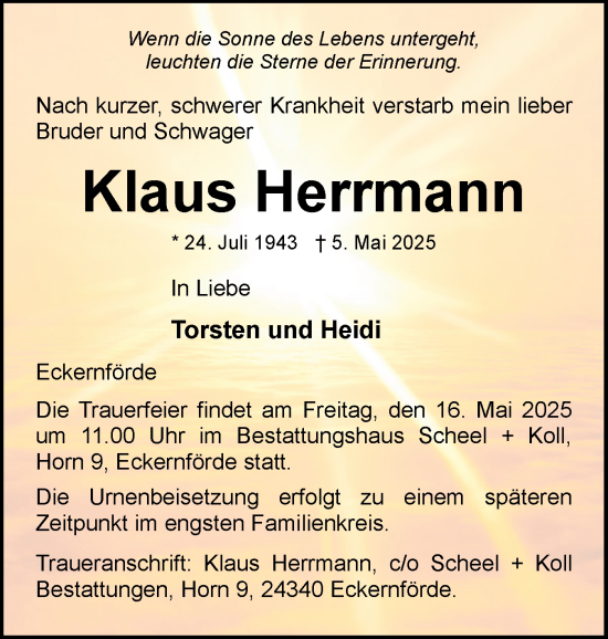 Traueranzeige von Klaus Herrmann von Eckernförder Zeitung