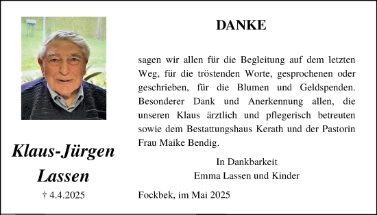 Traueranzeige von Klaus-Jürgen Lassen von Schleswig-Holsteinische Landeszeitung