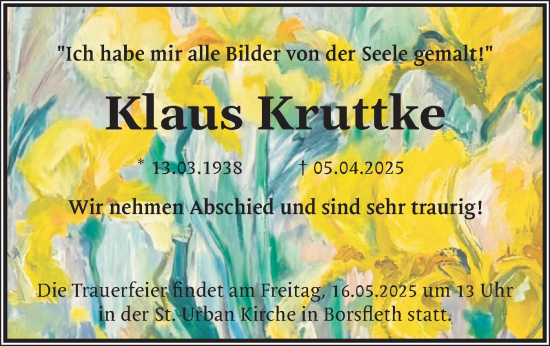 Traueranzeige von Klaus Kruttke von Norddeutsche Rundschau, Wilstersche Zeitung, Glückstädter Fortuna