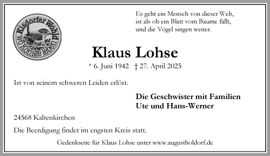 Traueranzeige von Klaus Lohse von Umschau