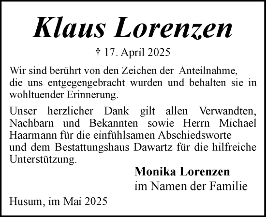 Traueranzeige von Klaus Lorenzen von Husumer Nachrichten, Nordfriesland Tageblatt