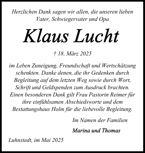 Traueranzeige von Klaus Lucht von Schleswig-Holsteinische Landeszeitung