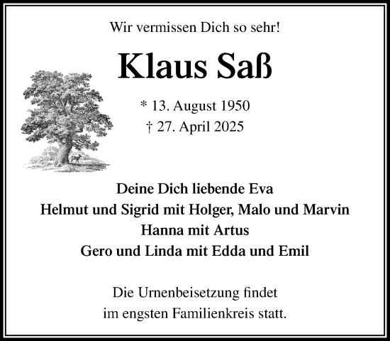 Traueranzeige von Klaus Saß von MARKT Ahrensburg/Bargteheide/Trittau und Stormarner Tageblatt